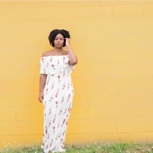 White floral long maxi dress with pink flowers.